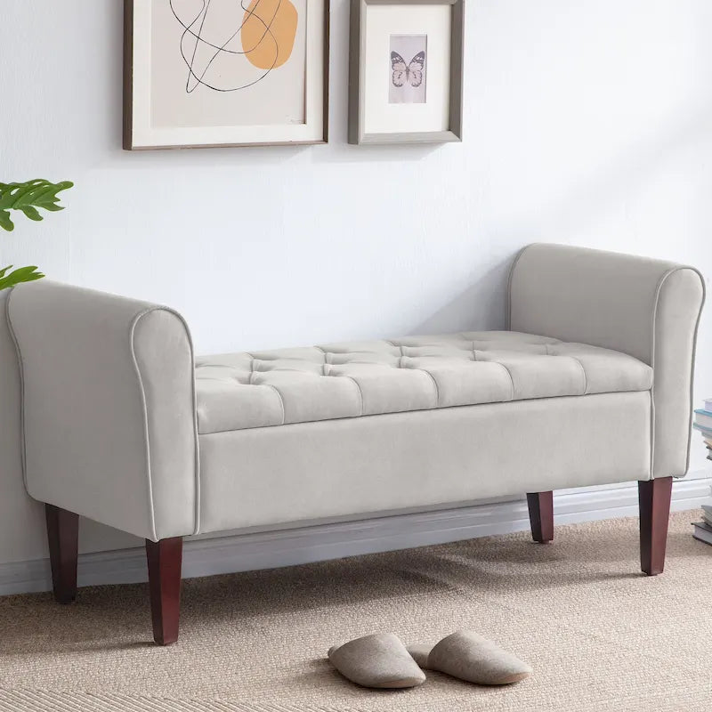 Banc ottoman de rangement en tissu avec accoudoirs et pieds en bois massif, 48 po L x 18 po P x 23 po H