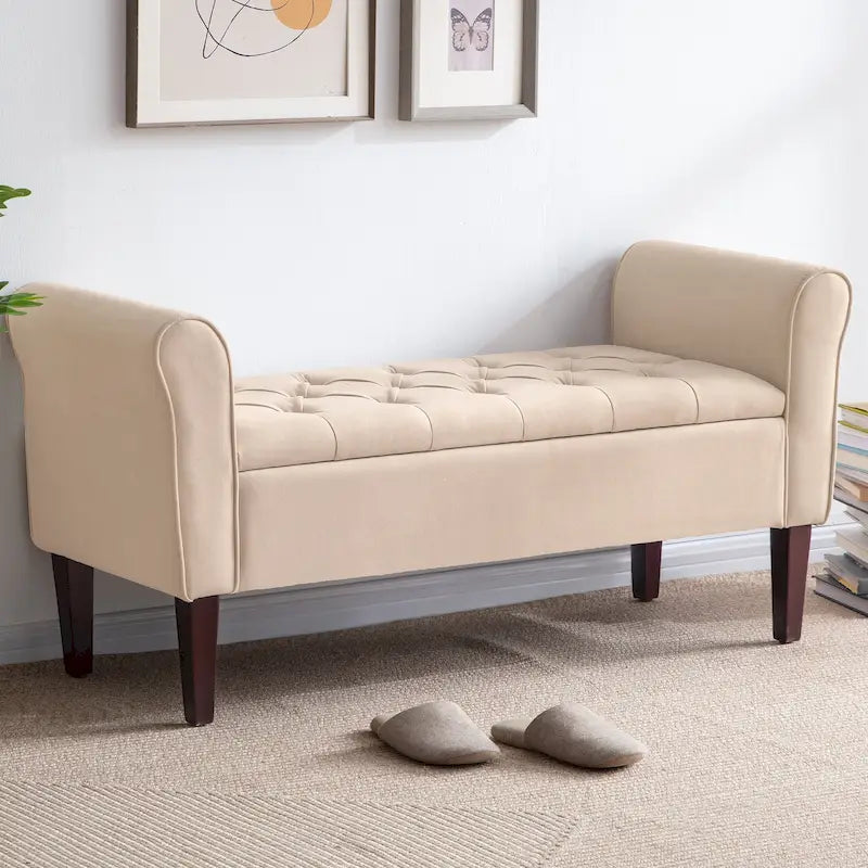 Banc ottoman de rangement en tissu avec accoudoirs et pieds en bois massif, 48 po L x 18 po P x 23 po H