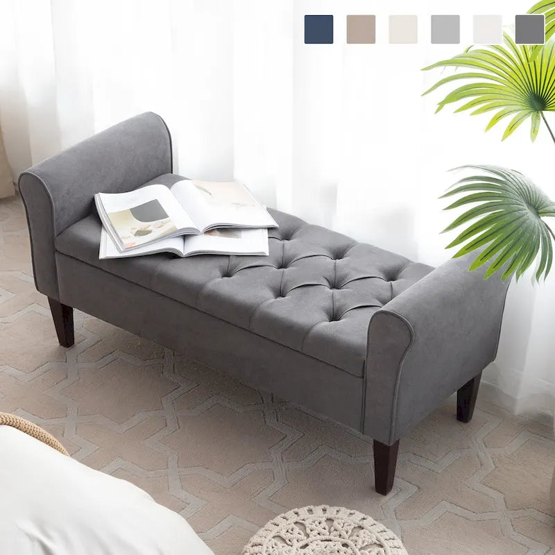 Banc ottoman de rangement en tissu avec accoudoirs et pieds en bois massif, 48 po L x 18 po P x 23 po H
