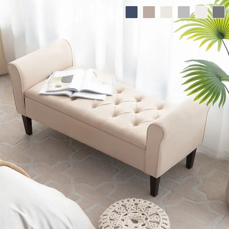 Banc ottoman de rangement en tissu avec accoudoirs et pieds en bois massif, 48 po L x 18 po P x 23 po H