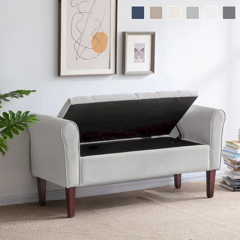 Banc ottoman de rangement en tissu avec accoudoirs et pieds en bois massif, 48 po L x 18 po P x 23 po H