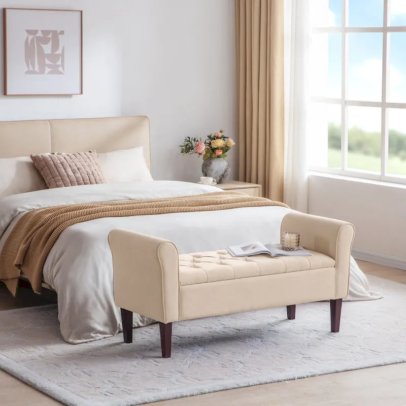 Banc ottoman de rangement en tissu avec accoudoirs et pieds en bois massif, 48 po L x 18 po P x 23 po H