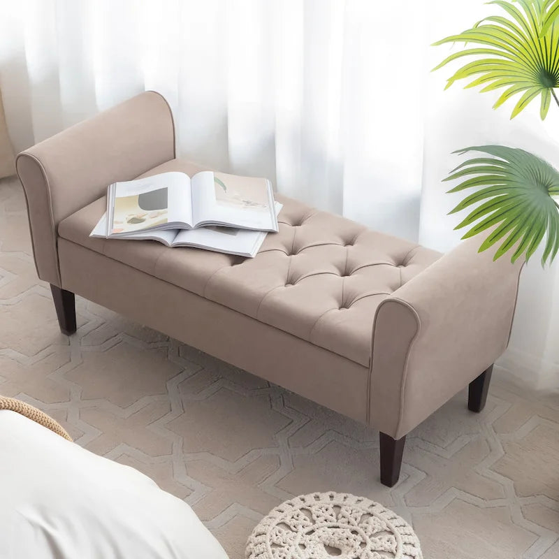 Banc ottoman de rangement en tissu avec accoudoirs et pieds en bois massif, 48 po L x 18 po P x 23 po H