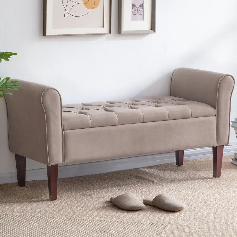 Banc ottoman de rangement en tissu avec accoudoirs et pieds en bois massif, 48 po L x 18 po P x 23 po H