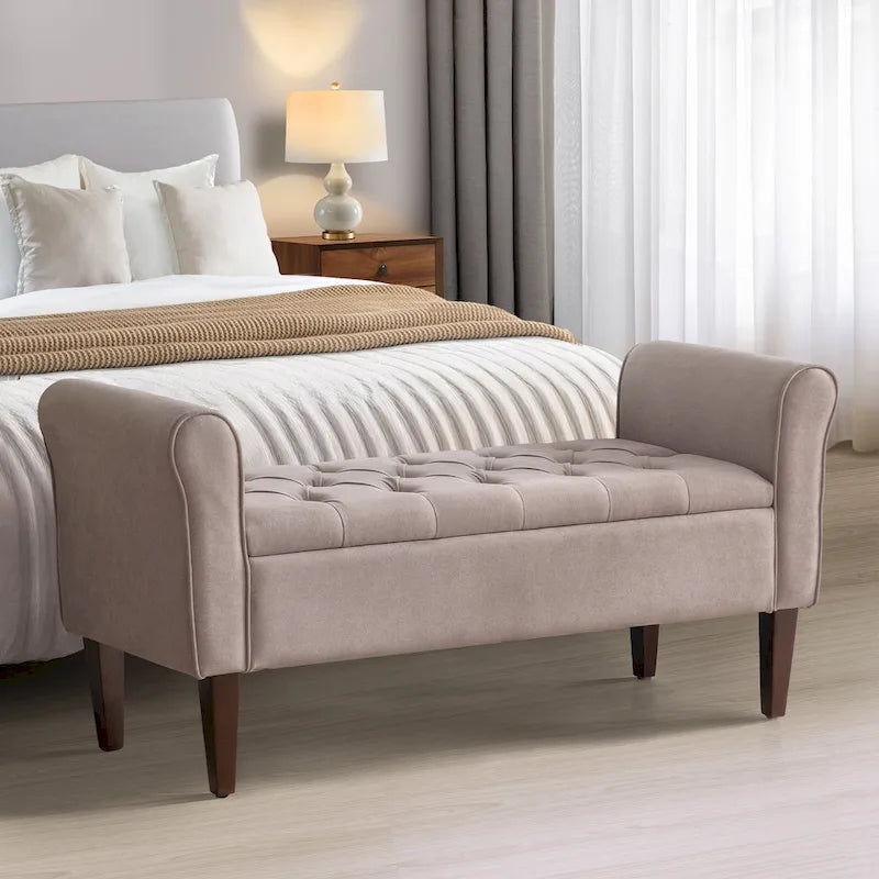 Banc ottoman de rangement en tissu avec accoudoirs et pieds en bois massif, 48 po L x 18 po P x 23 po H