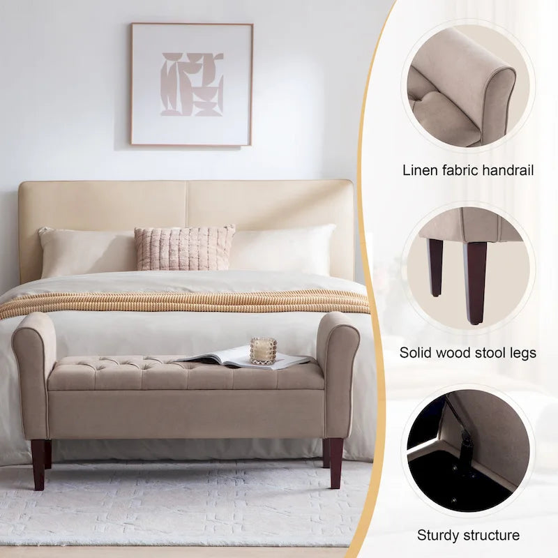 Banc ottoman de rangement en tissu avec accoudoirs et pieds en bois massif, 48 po L x 18 po P x 23 po H
