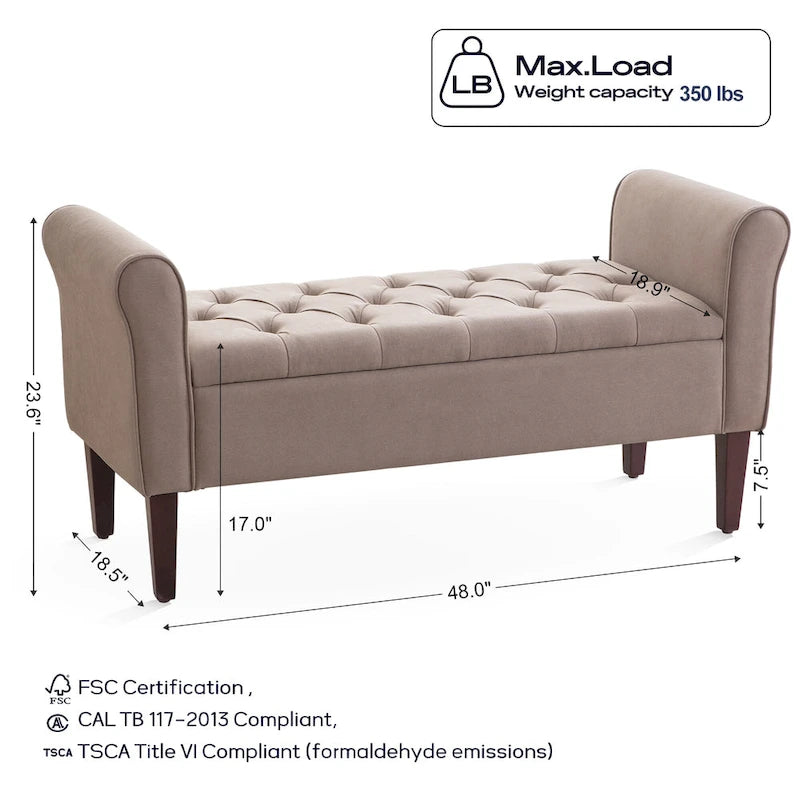 Banc ottoman de rangement en tissu avec accoudoirs et pieds en bois massif, 48 po L x 18 po P x 23 po H