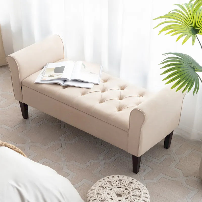 Banc ottoman de rangement en tissu avec accoudoirs et pieds en bois massif, 48 po L x 18 po P x 23 po H