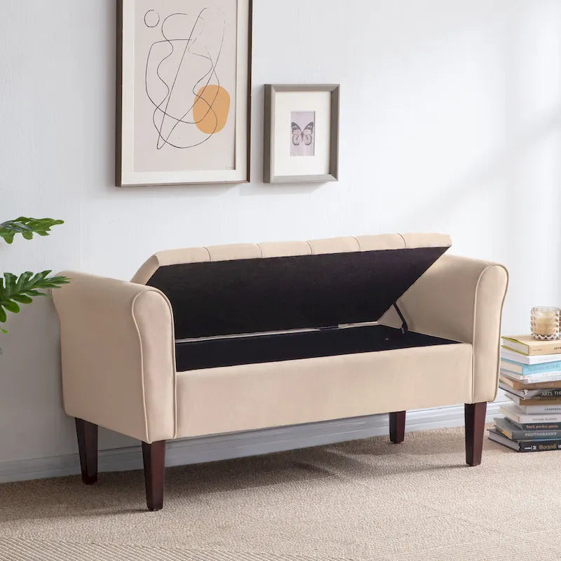 Banc ottoman de rangement en tissu avec accoudoirs et pieds en bois massif, 48 po L x 18 po P x 23 po H