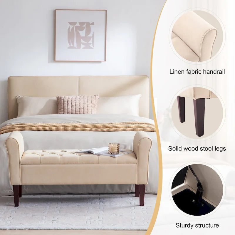 Banc ottoman de rangement en tissu avec accoudoirs et pieds en bois massif, 48 po L x 18 po P x 23 po H