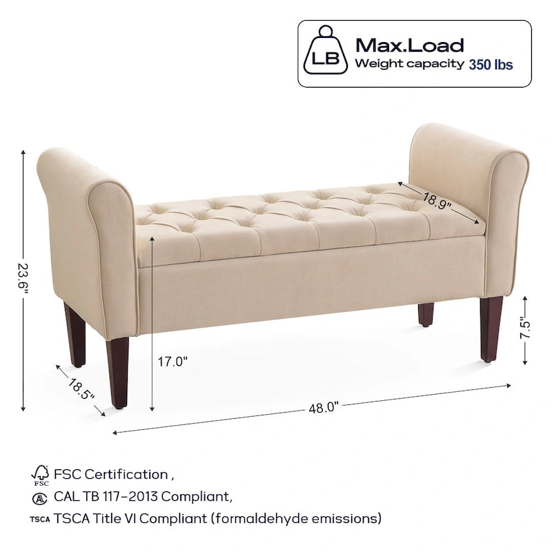 Banc ottoman de rangement en tissu avec accoudoirs et pieds en bois massif, 48 po L x 18 po P x 23 po H