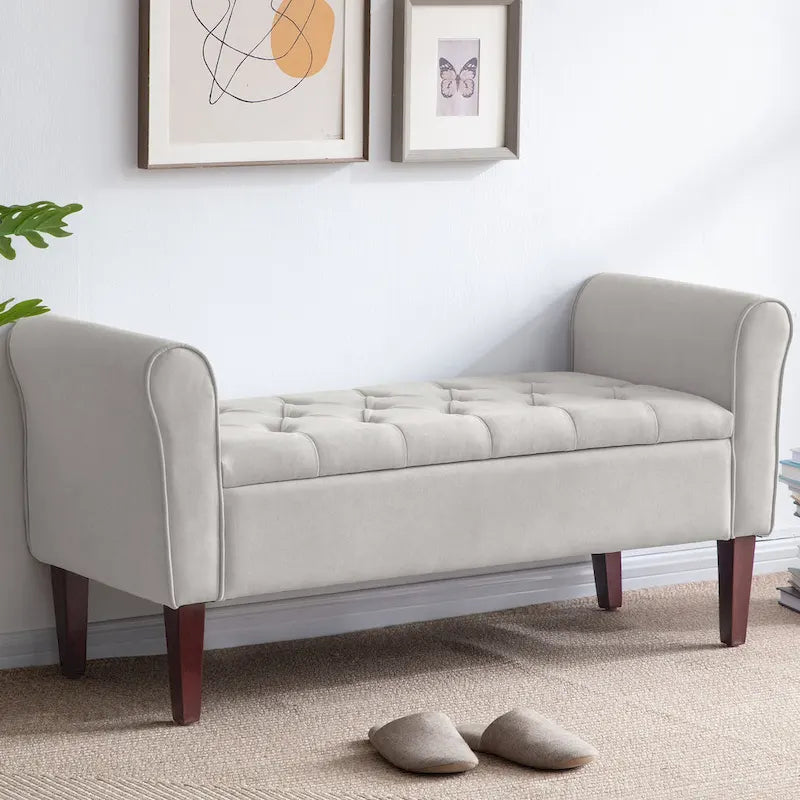Banc ottoman de rangement en tissu avec accoudoirs et pieds en bois massif, 48 po L x 18 po P x 23 po H