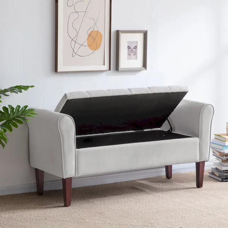 Banc ottoman de rangement en tissu avec accoudoirs et pieds en bois massif, 48 po L x 18 po P x 23 po H