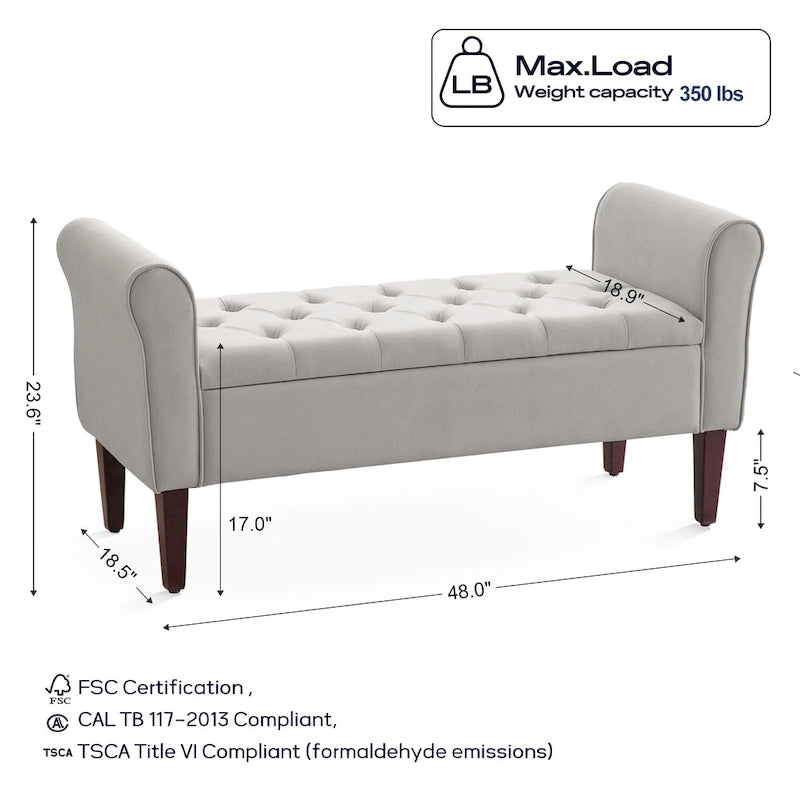 Banc ottoman de rangement en tissu avec accoudoirs et pieds en bois massif, 48 po L x 18 po P x 23 po H