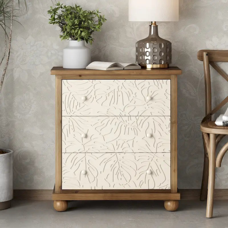 COZAYH Table de chevet rustique de ferme à 3 tiroirs avec motif feuilles sculptées, commode de style campagnard français vintage avec armoire d'appoint