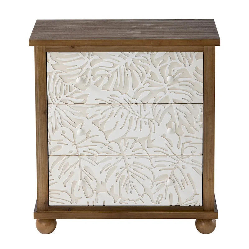 COZAYH Table de chevet rustique de ferme à 3 tiroirs avec motif feuilles sculptées, commode de style campagnard français vintage avec armoire d'appoint