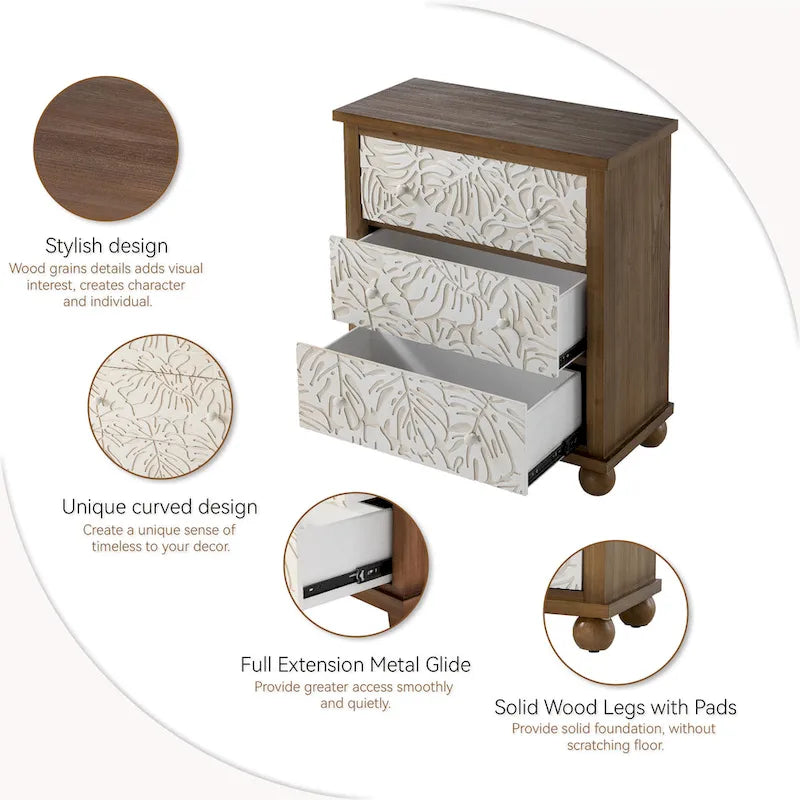 COZAYH Table de chevet rustique de ferme à 3 tiroirs avec motif feuilles sculptées, commode de style campagnard français vintage avec armoire d'appoint