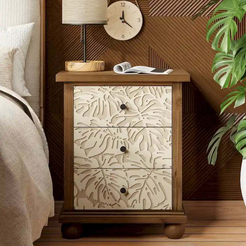COZAYH Table de chevet rustique de ferme à 3 tiroirs avec motif feuilles sculptées, commode de style campagnard français vintage avec armoire d'appoint