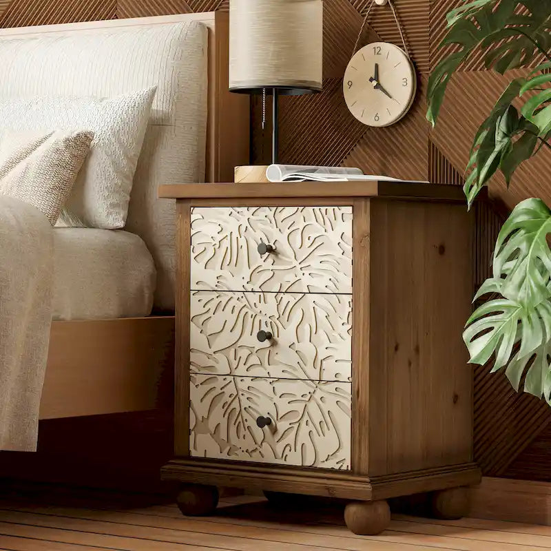 COZAYH Table de chevet rustique de ferme à 3 tiroirs avec motif feuilles sculptées, commode de style campagnard français vintage avec armoire d'appoint