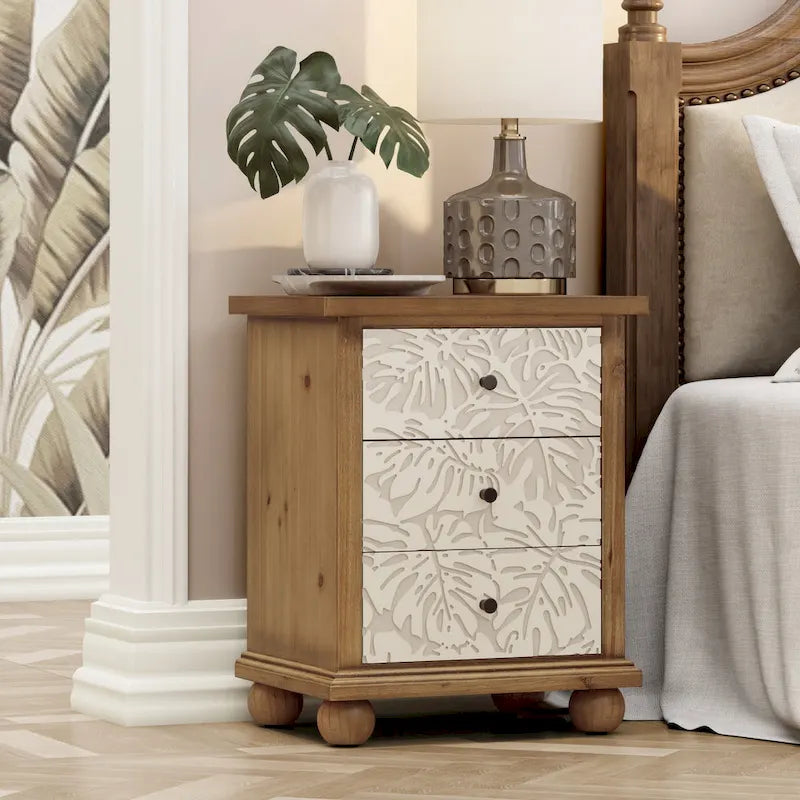 COZAYH Table de chevet rustique de ferme à 3 tiroirs avec motif feuilles sculptées, commode de style campagnard français vintage avec armoire d'appoint