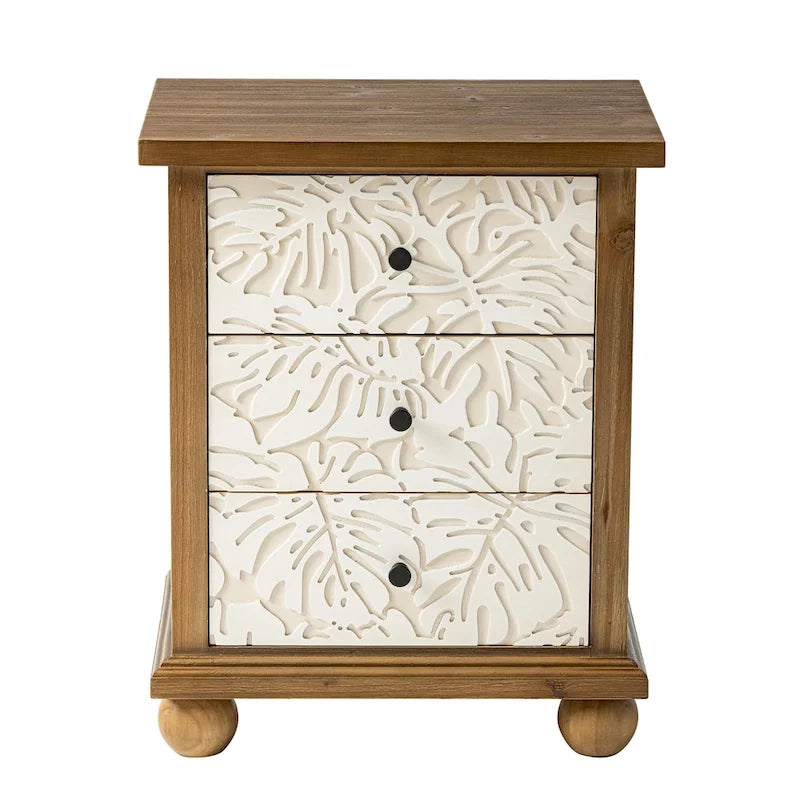 COZAYH Table de chevet rustique de ferme à 3 tiroirs avec motif feuilles sculptées, commode de style campagnard français vintage avec armoire d'appoint