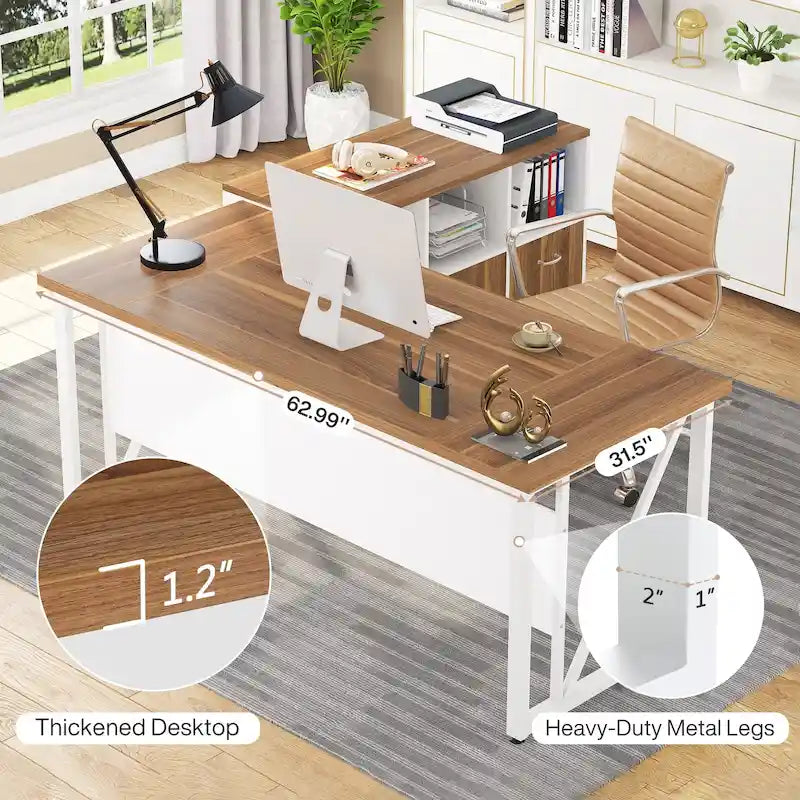 Bureau d'ordinateur en L de 63 pouces avec meuble de classement latéral de 47 pouces, ensemble de meubles de bureau pour la maison, bureau de direction