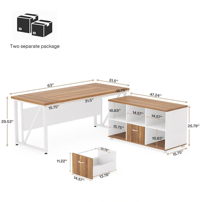 Bureau d'ordinateur en L de 63 pouces avec meuble de classement latéral de 47 pouces, ensemble de meubles de bureau pour la maison, bureau de direction