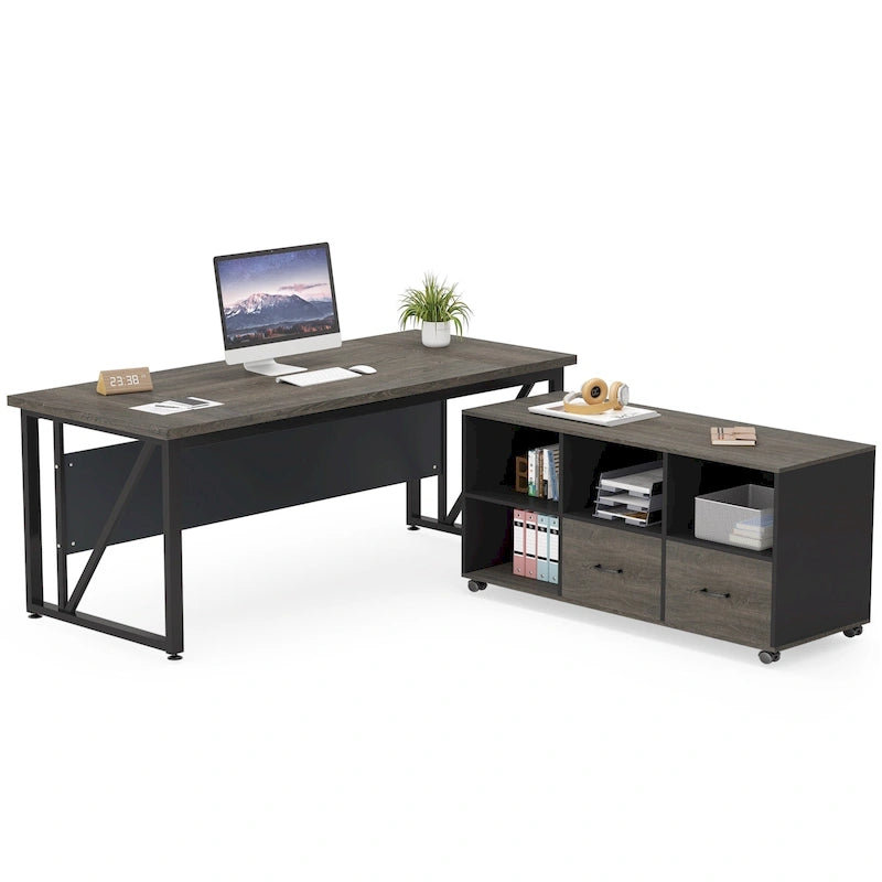 Bureau d'ordinateur en L de 63 pouces avec meuble de classement latéral de 47 pouces, ensemble de meubles de bureau pour la maison, bureau de direction