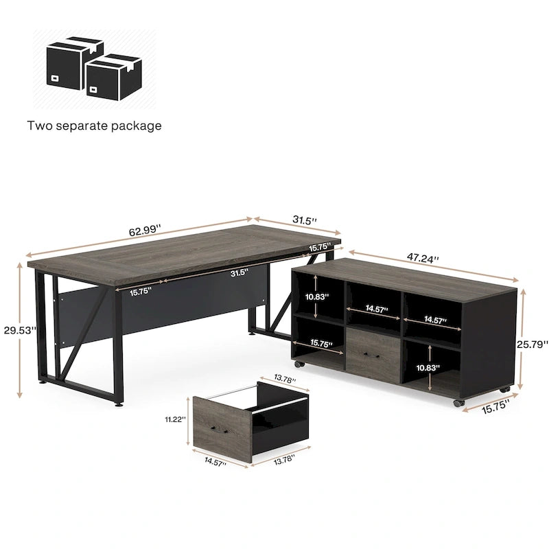 Bureau d'ordinateur en L de 63 pouces avec meuble de classement latéral de 47 pouces, ensemble de meubles de bureau pour la maison, bureau de direction