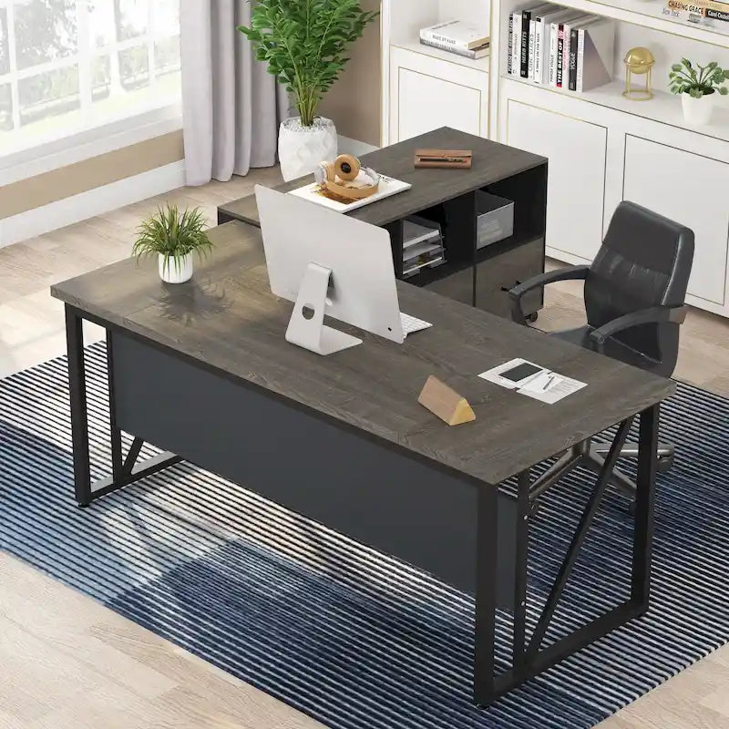 Bureau d'ordinateur en L de 63 pouces avec meuble de classement latéral de 47 pouces, ensemble de meubles de bureau pour la maison, bureau de direction