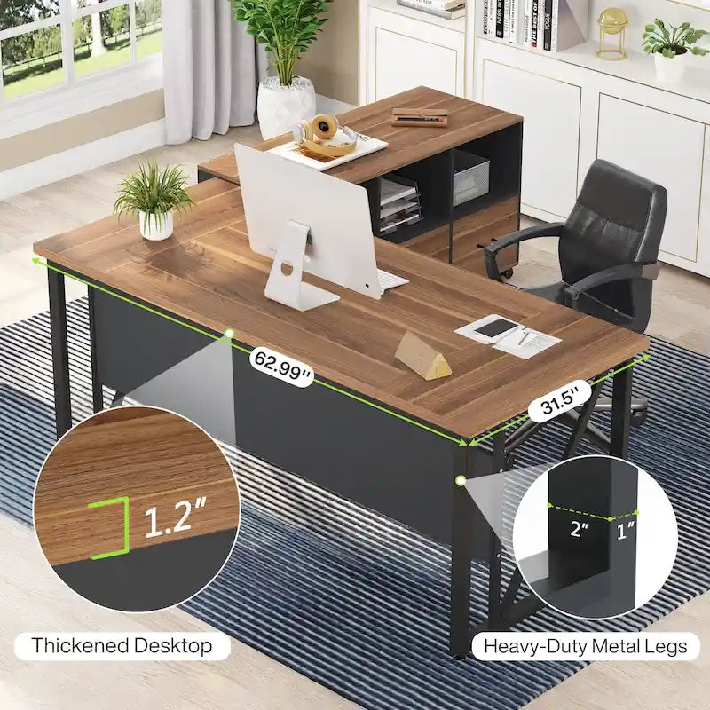 Bureau d'ordinateur en L de 63 pouces avec meuble de classement latéral de 47 pouces, ensemble de meubles de bureau pour la maison, bureau de direction