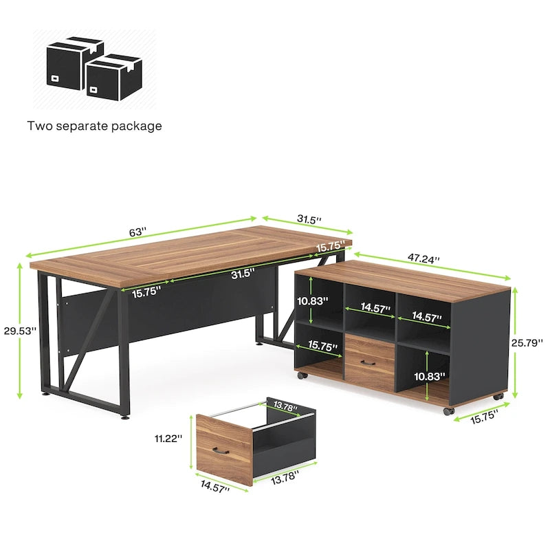 Bureau d'ordinateur en L de 63 pouces avec meuble de classement latéral de 47 pouces, ensemble de meubles de bureau pour la maison, bureau de direction