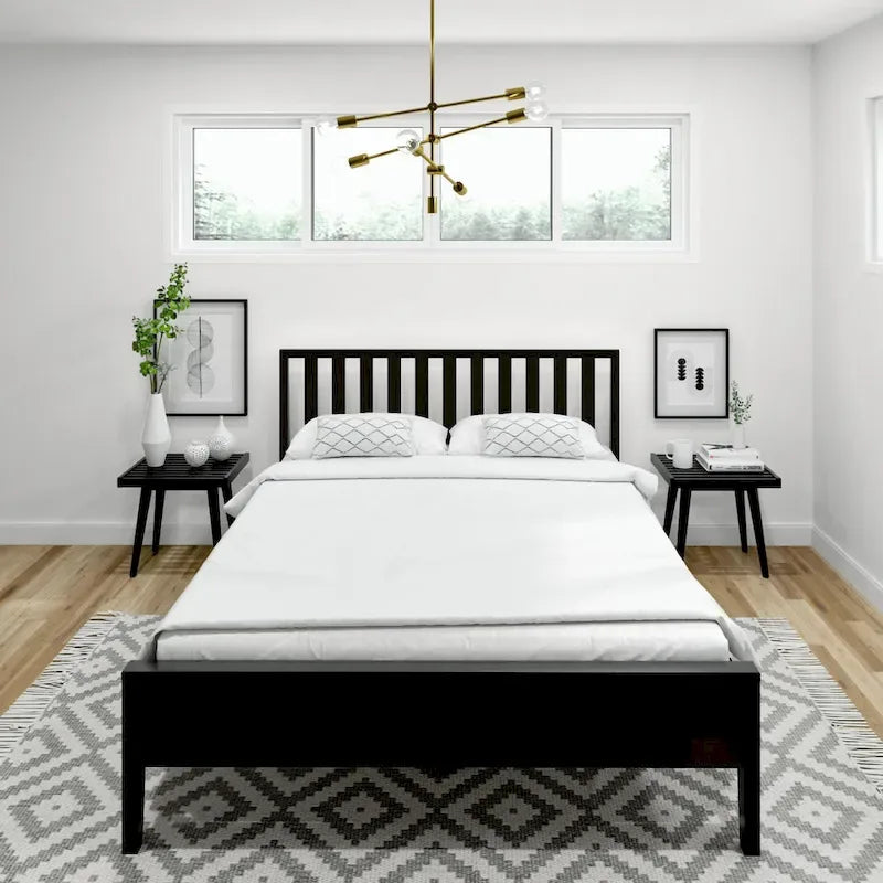 Lit Queen-Size Moderne en Bois Massif avec Tête de Lit à Lattes