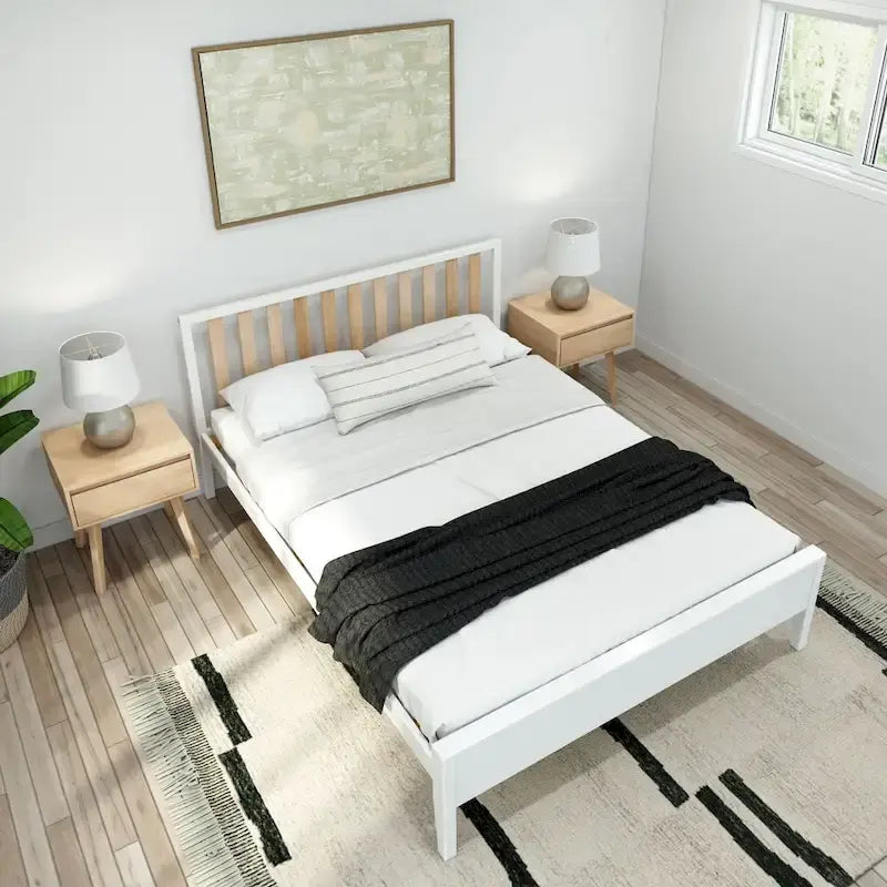 Lit Queen-Size Moderne en Bois Massif avec Tête de Lit à Lattes