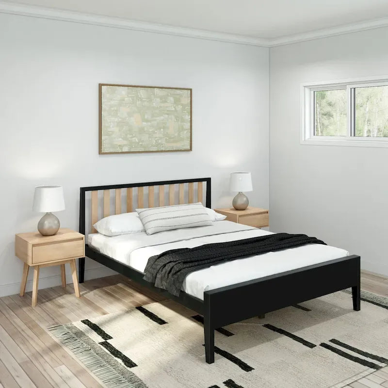 Lit Queen-Size Moderne en Bois Massif avec Tête de Lit à Lattes