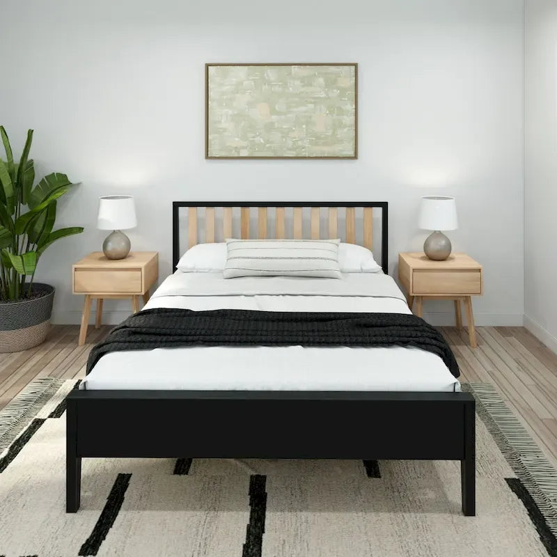 Lit Queen-Size Moderne en Bois Massif avec Tête de Lit à Lattes