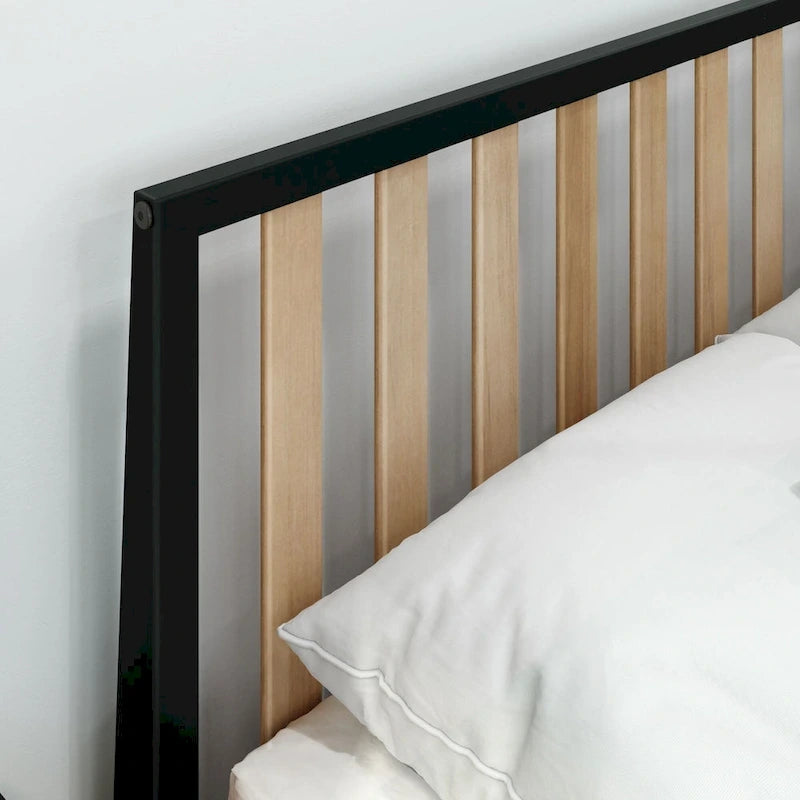 Lit Queen-Size Moderne en Bois Massif avec Tête de Lit à Lattes