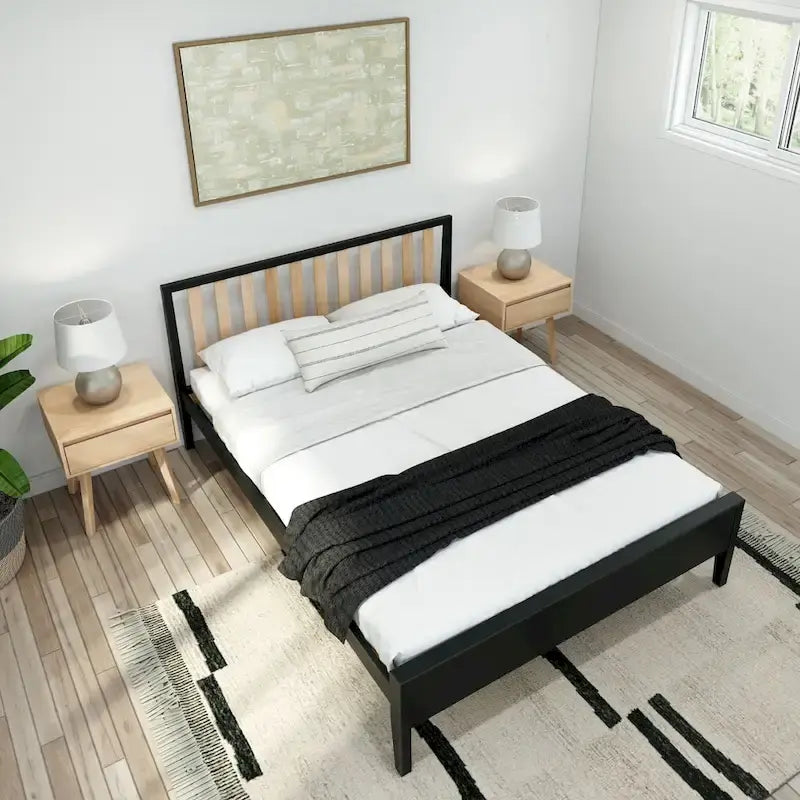 Lit Queen-Size Moderne en Bois Massif avec Tête de Lit à Lattes