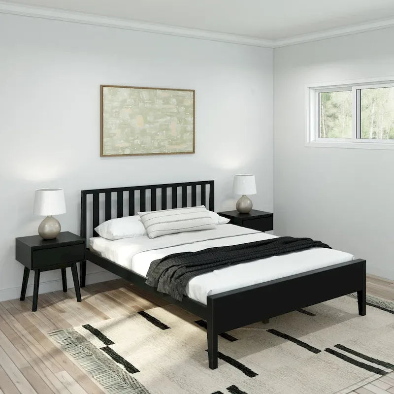 Lit Queen-Size Moderne en Bois Massif avec Tête de Lit à Lattes