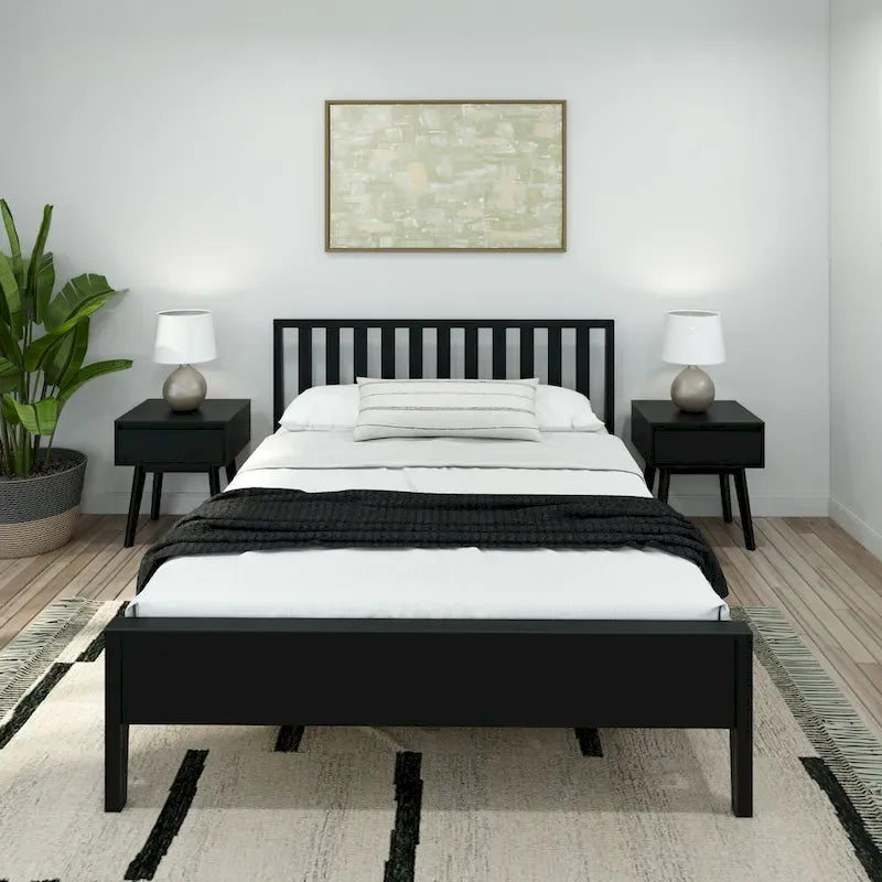 Lit Queen-Size Moderne en Bois Massif avec Tête de Lit à Lattes
