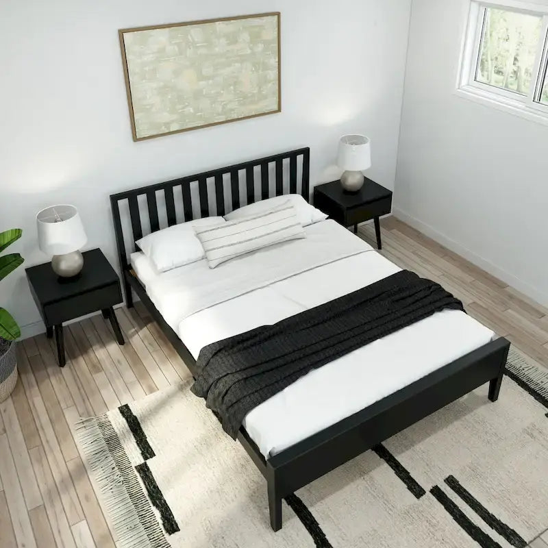 Lit Queen-Size Moderne en Bois Massif avec Tête de Lit à Lattes