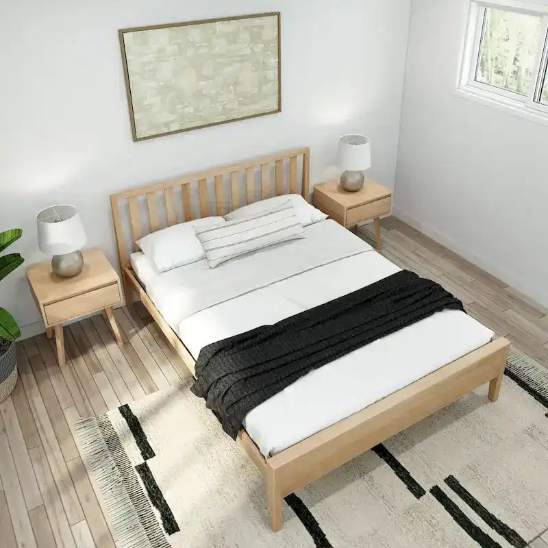 Lit Queen-Size Moderne en Bois Massif avec Tête de Lit à Lattes