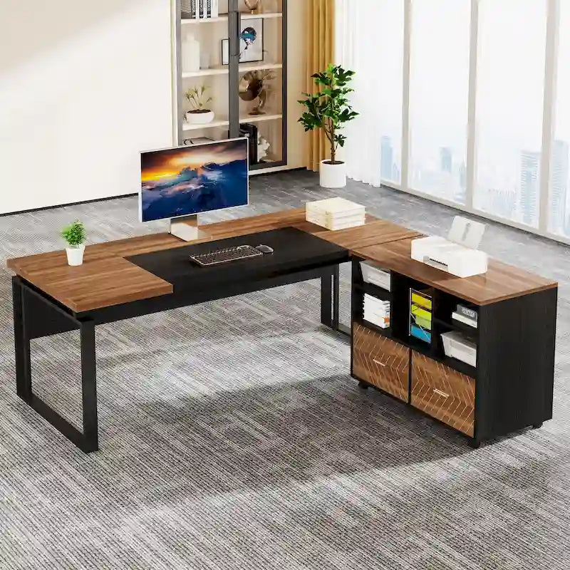 Bureau d'ordinateur en L de 63 pouces, bureaux de direction avec classeur réversible et tiroirs de rangement pour le bureau à domicile