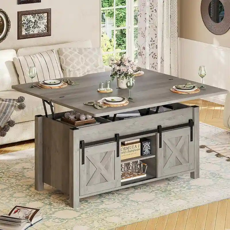 Table basse relevable 2 portes coulissantes style grange Table à manger avec rangement