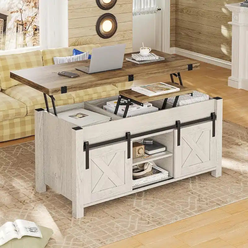 Table basse relevable 2 portes coulissantes style grange Table à manger avec rangement