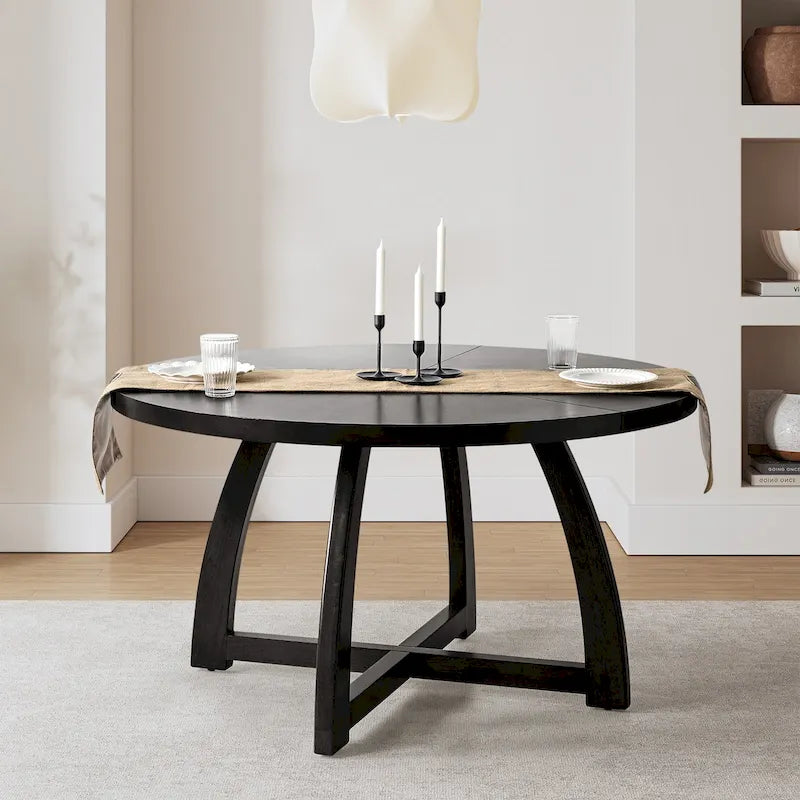 Table à manger ronde, style milieu de siècle, 5-6 places, noyer / naturel / noir