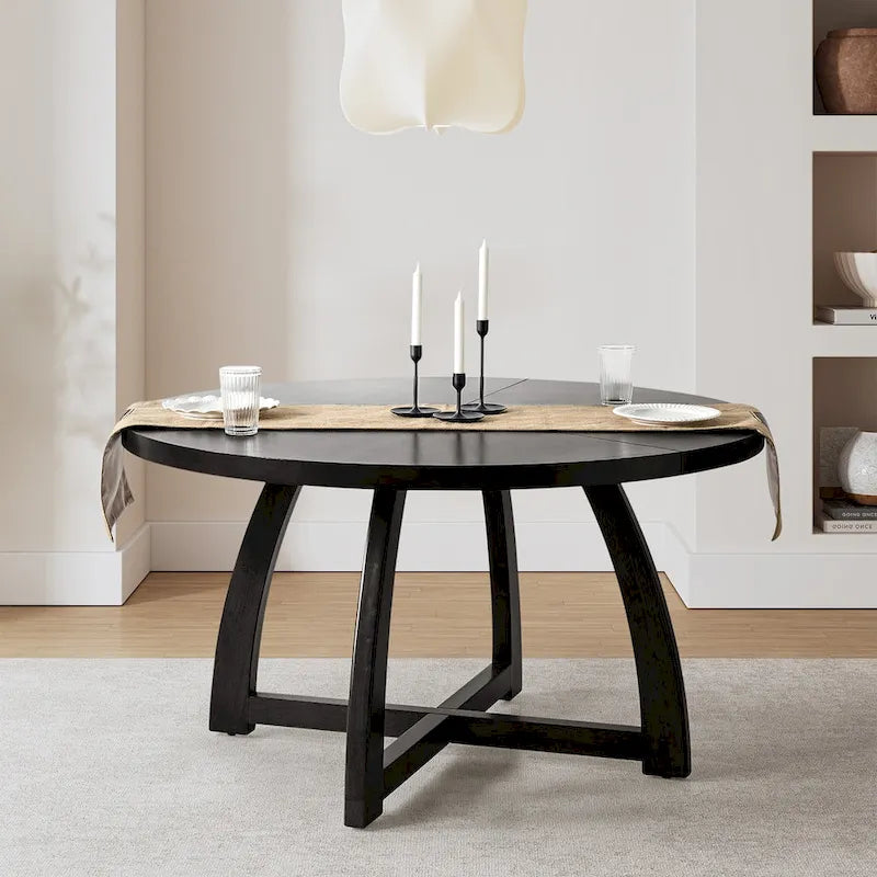 Table à manger ronde, style milieu de siècle, 5-6 places, noyer / naturel / noir