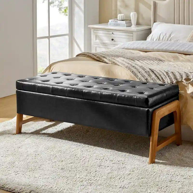 Banc de rangement rembourré Rita Mid-century Modern avec siège capitonné et pieds en bois massif par HULALA HOME