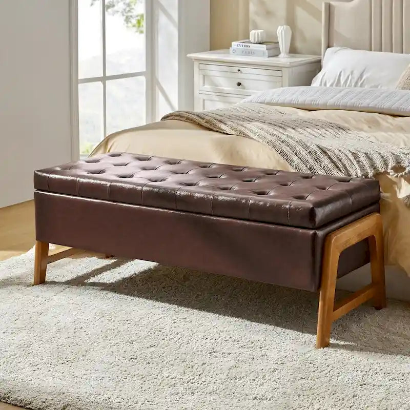 Banc de rangement rembourré Rita Mid-century Modern avec siège capitonné et pieds en bois massif par HULALA HOME