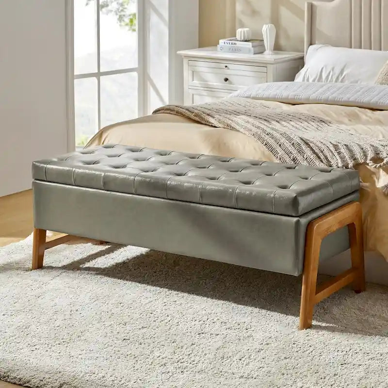 Banc de rangement rembourré Rita Mid-century Modern avec siège capitonné et pieds en bois massif par HULALA HOME